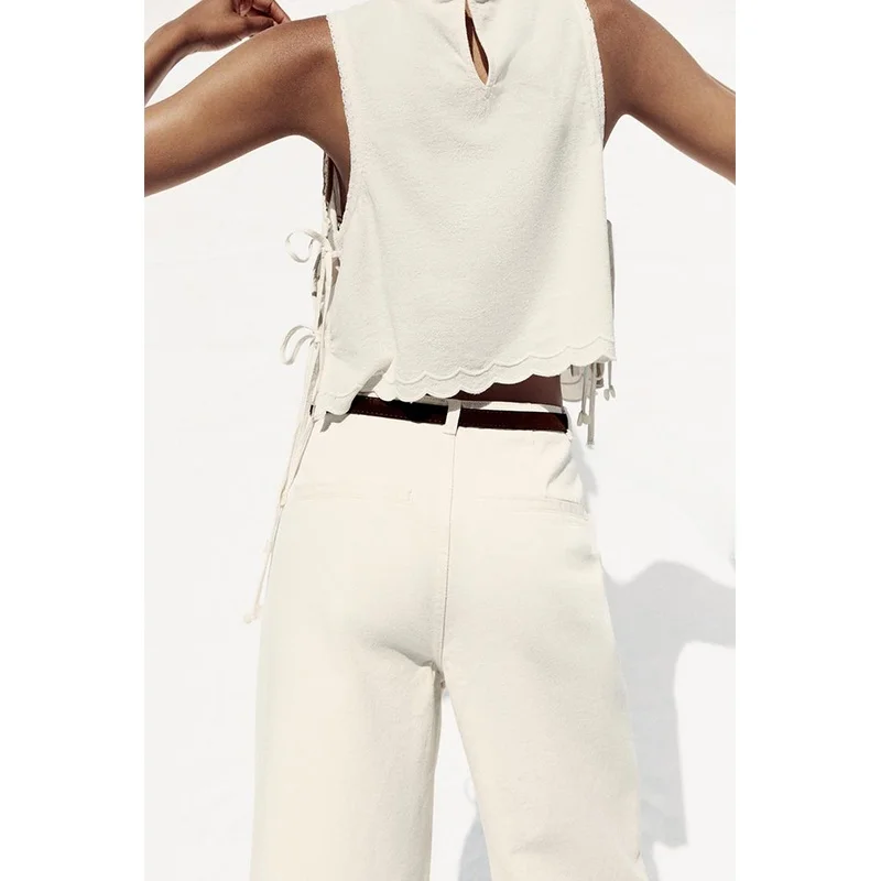 Summer New Women's Embroidered Lace  Knot round Ne Svel Top Commute Sle Loose Fit  Color Polyester Fiber