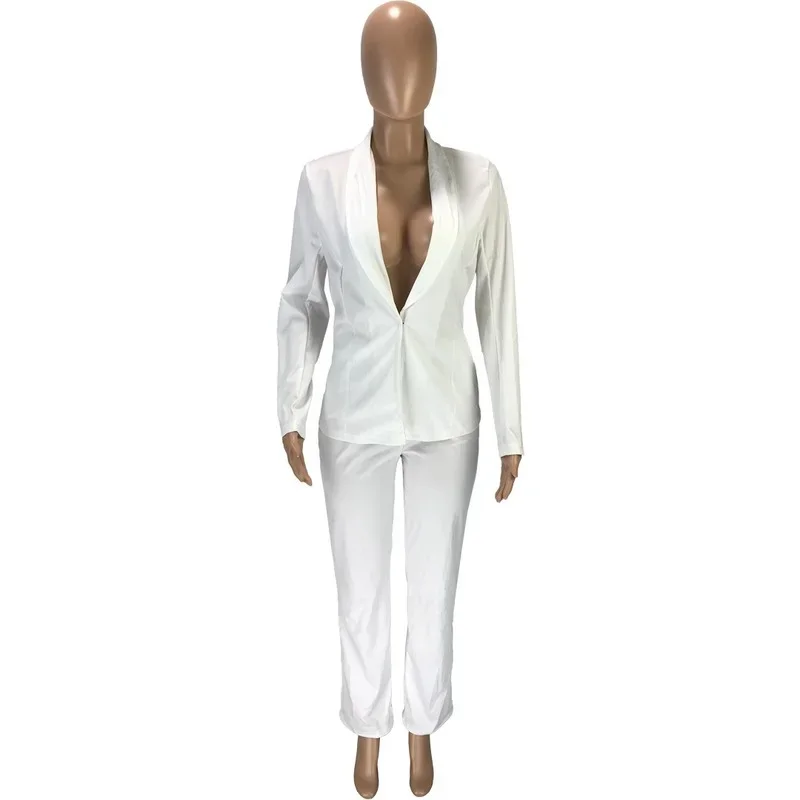 Two Piece Set Solid Colors Blazer Women V Neck Pant Suit Simple All-Match Casual Office Blazer Set Work Wear Commute Clothing