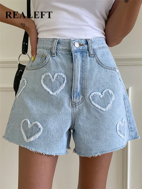 REALEFT High Waist Washed LOVE Printed Women's Denim Shorts 2024 New Spring Summer Casual Jeans Chic Straight Pants Female