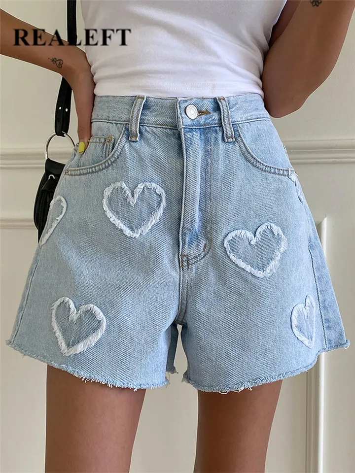 REALEFT High Waist Washed LOVE Printed Women's Denim Shorts 2024 New Spring Summer Casual Jeans Chic Straight Pants Female