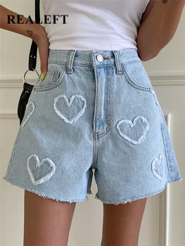 REALEFT High Waist Washed LOVE Printed Women's Denim Shorts 2024 New Spring Summer Casual Jeans Chic Straight Pants Female 1