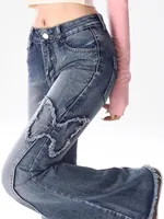 Summer New Vintage  Splicing Micro Flared Denim Jeans Women plus Size High Waist Loose Slimming Frayed Pants - Image 3