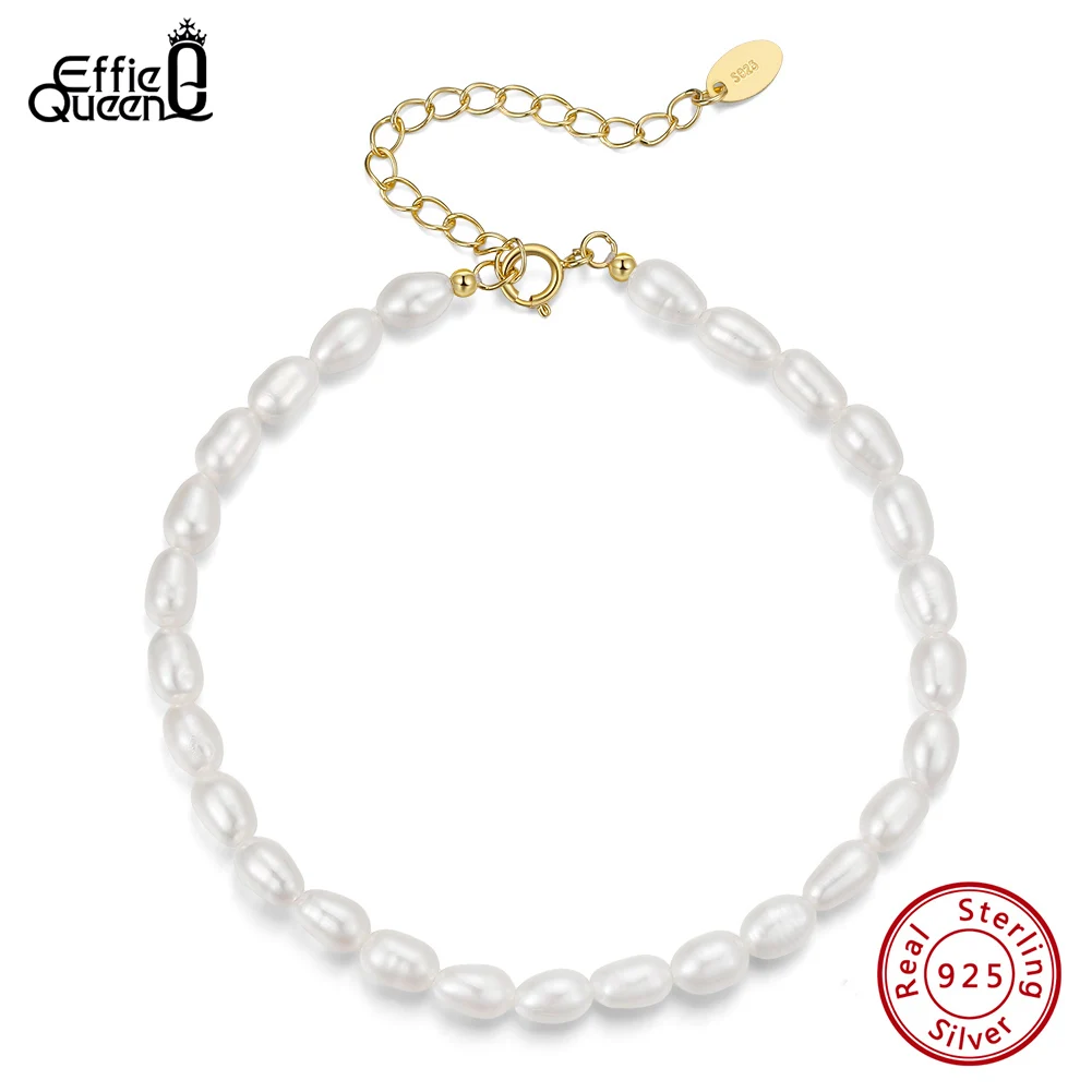 

EFFIE QUEEN Real 925 Sterling Silver Natural Freshwater Pearl Bracelet for Women 6mm Pearl Hand Chain Valentines Day Gift GPB15