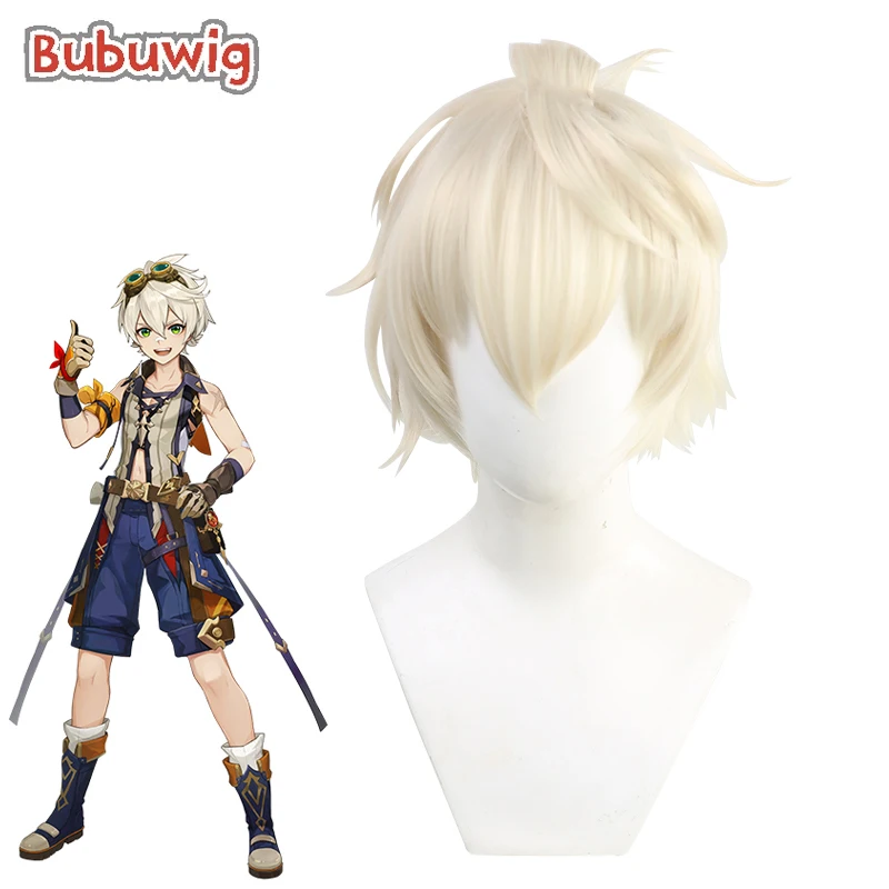 Bubuwig Synthetic Hair Genshin Impact Bennett Cosplay Wig Men Halloween 30cm Short Straight Light Blonde Wigs Heat Resistant anogol klee game genshin impact cosplay wig blonde double ponytail heat resistant synthetic anime wigs halloween party