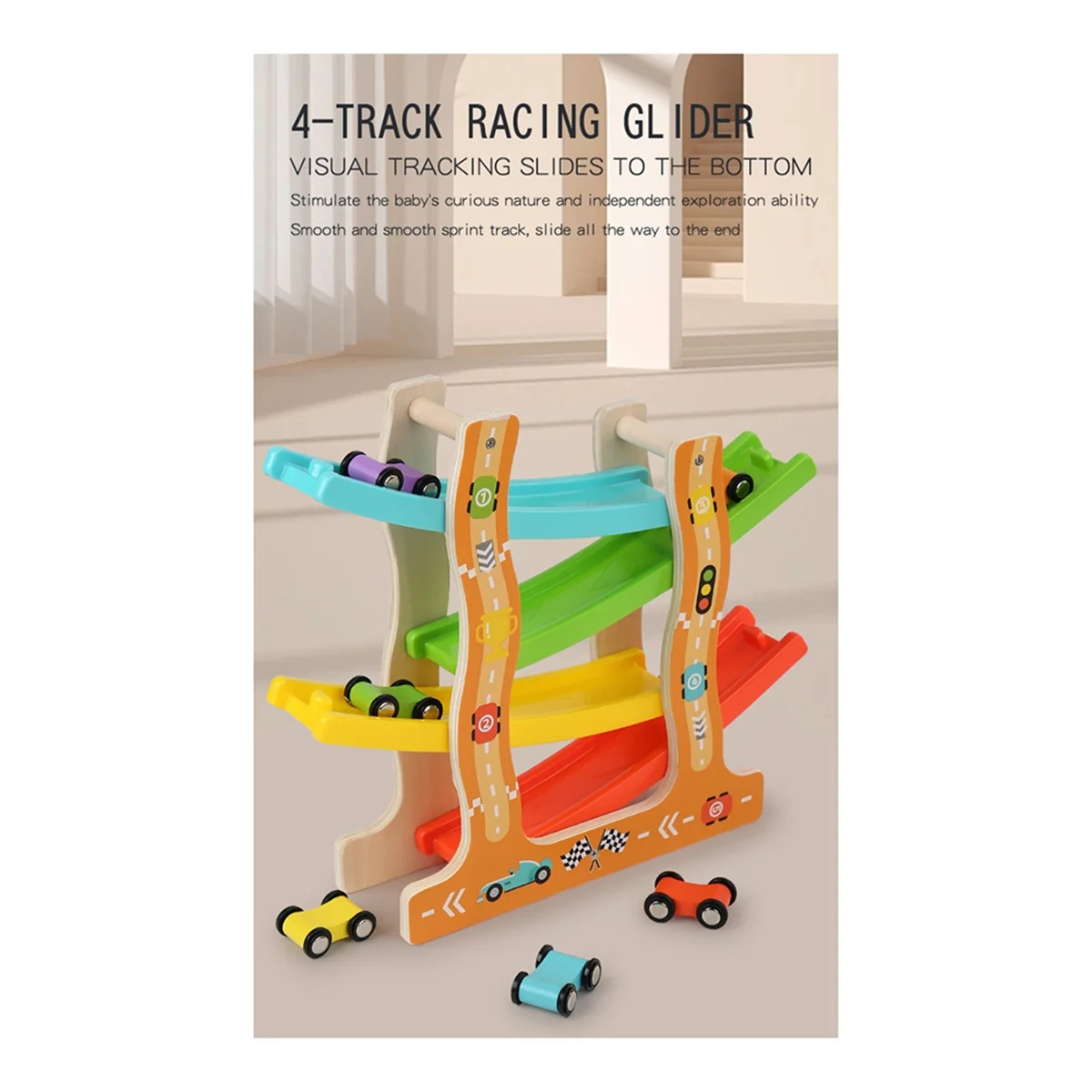 BAAU Wooden Racing Slide Cars Track Parking Lot Toys Gliding Ladder Vehicles DIY Education Xmas Birthday Gifts for Kids Boys