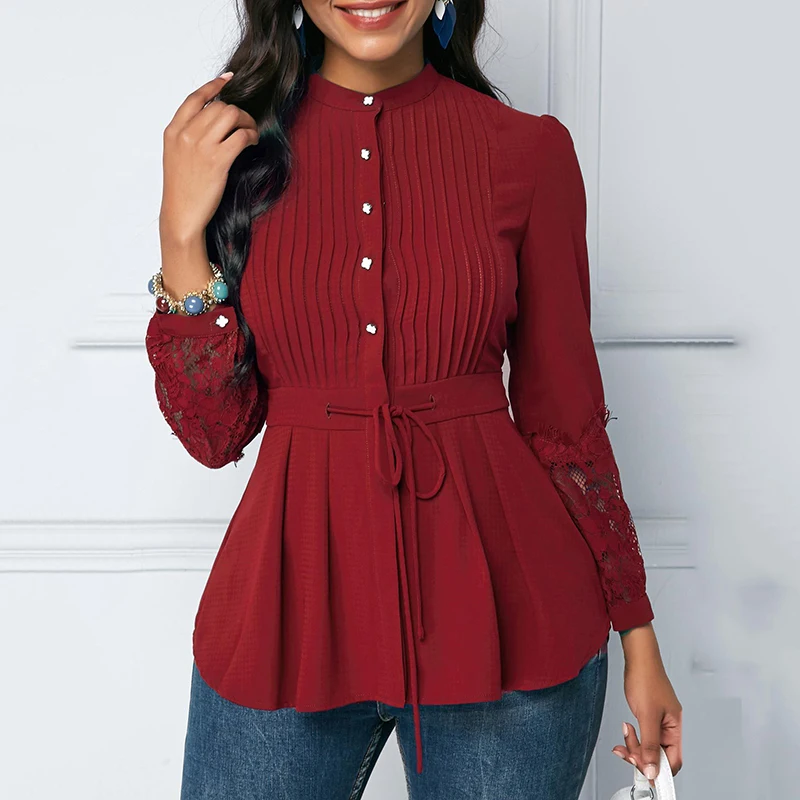 

Spring Chiffion Women Shirts Fashion O-Neck Lace Patchwork Long Sleeve Blouse Casual Elegant Office Ladies Solid Lace-Up Blouses