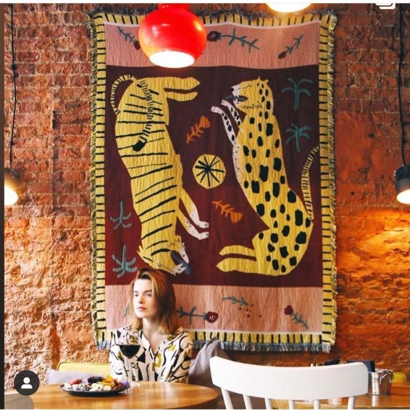 Textile City Ins 핑크 레오파드 야외 캠핑 매트, 홈 데코 태피스트리 던지기 담요, 피크닉 잔디, 해변 습기 방지 레트로 카펫