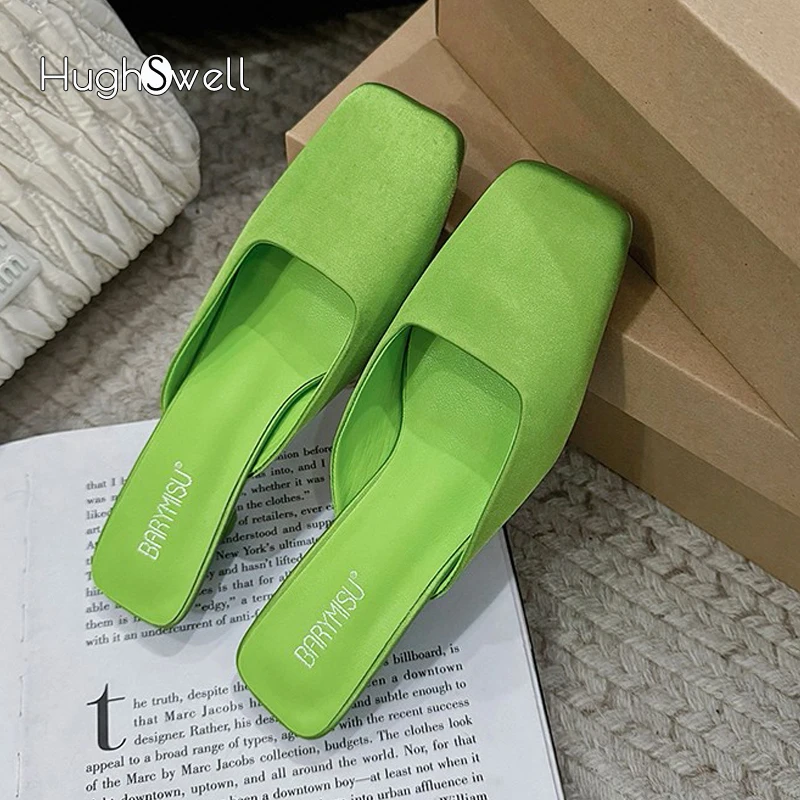 Luxury Green Satin Silk Mule Slides Woman Brand Design Triangle Heel Sandals Ladies Elegant Square Toe Evening Party Dress Shoes