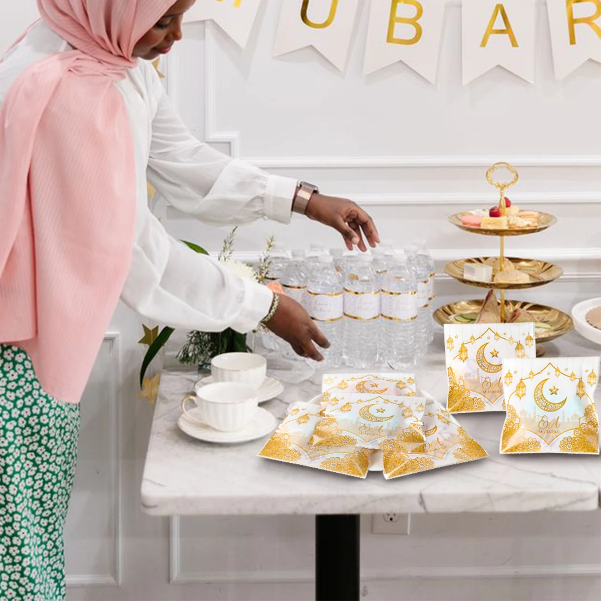 Eid Mubarak 선물 가방, 비닐 가방, 쿠키 캔디 라마단 카림 장식, 2024 이슬람 무슬림 파티 포장 가방 파우치, 50 개