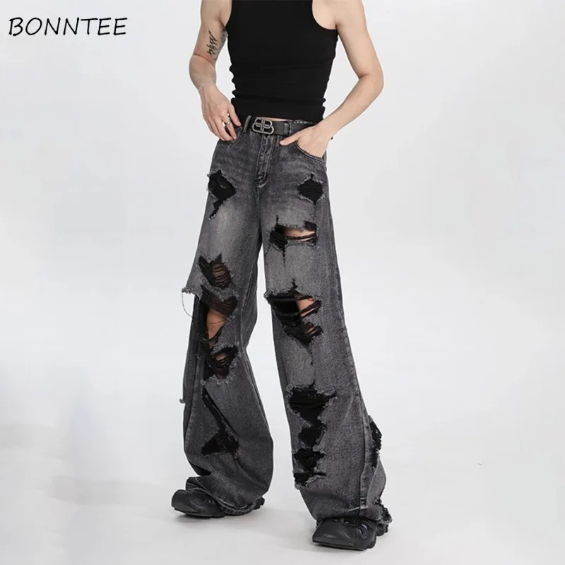 Ripped Jeans Men Vintage Baggy High Street Fashion Handsome American Style Unisex Hip Hop Personality All-match Wide Leg Trouser