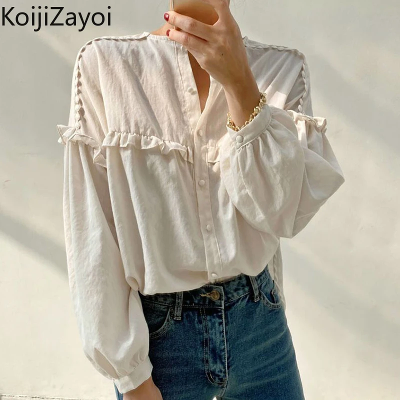 

Женская однотонная Свободная блузка Koijizayoi с длинными рукавами и круглым вырезом, однобортная Весенняя рубашка с оборками, милые женские универсальные Блузы 2022