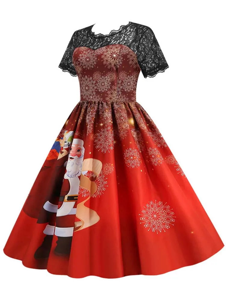 Women's Vintage Christmas Costume Party Dress Short Sleeve Lace Elegant  Winter Robe Xmas Evening Clothing - AliExpress 200000345