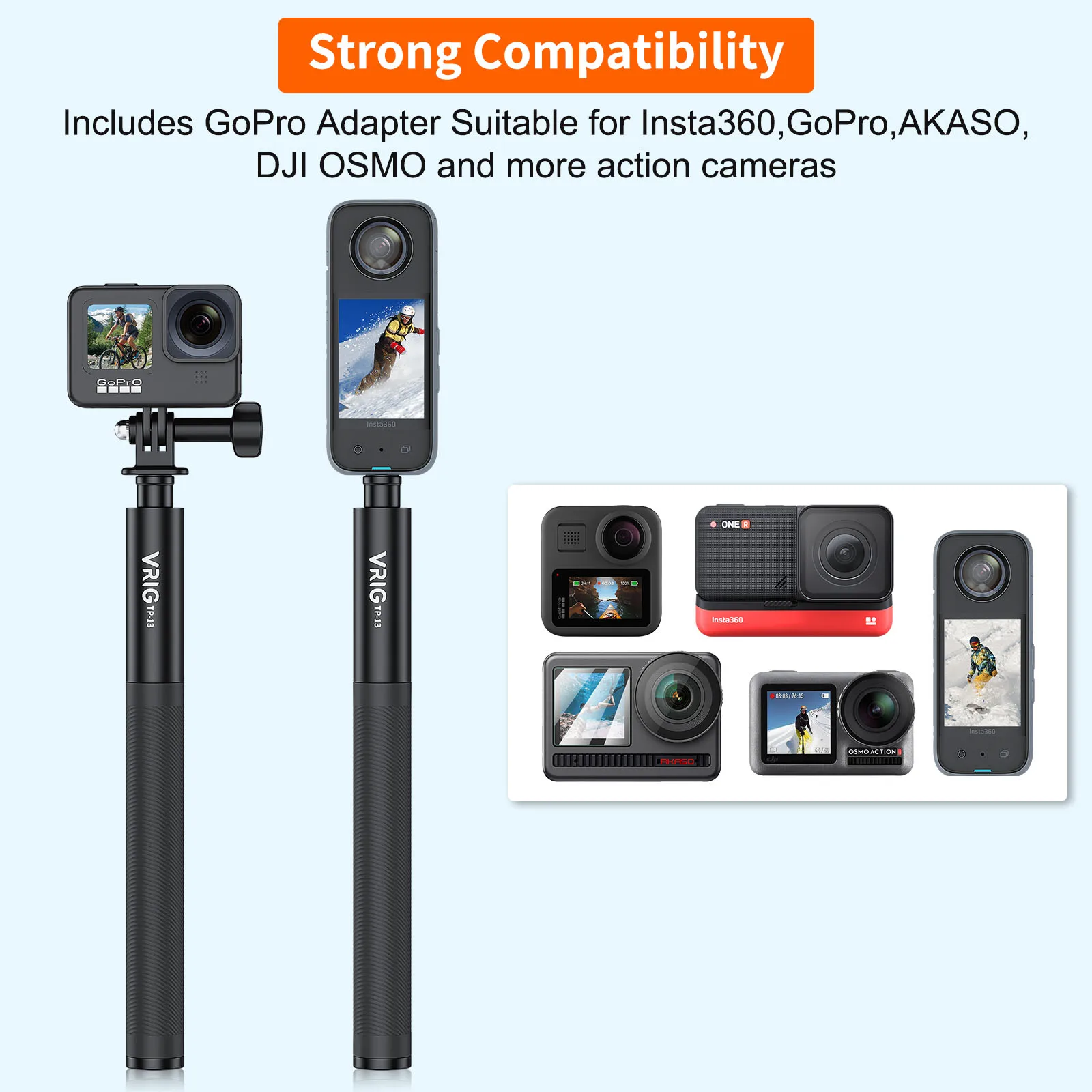 VRIG UURIG TP-13 Invisible Selfie Stick for Insta360 ONE X3, X2, X,ONE R, RS Action Camera W/ 1/4