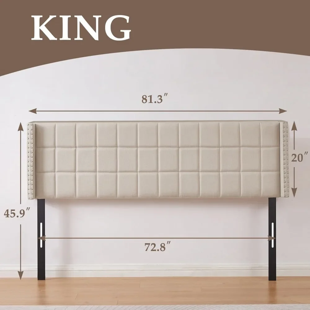 Linen Upholstered Headboard for King Size Bed, Tufted Nailhead & Double Wingback for Bedroom, 6 Adjustable Position from