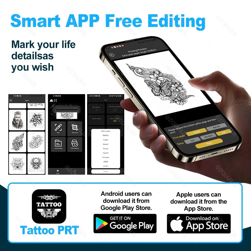 Portable Tattoo Printer Thermal Tattoo Stencil Maker A4 Bluetooth Line Photo Drawing Printing Copier HD Tattoo Transfer Paper