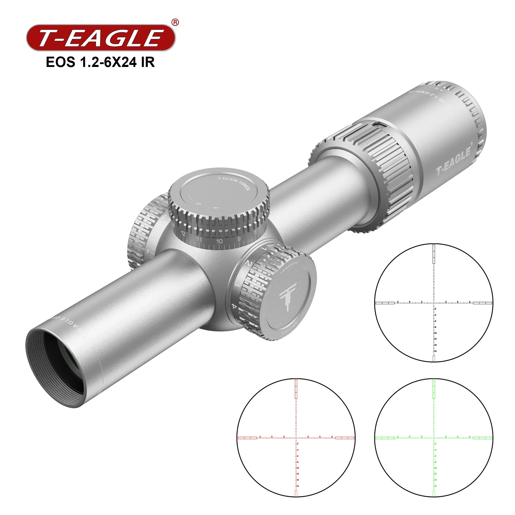 

Tactical EOS 1.2-6X24 IR Silver Lock Turret 1/4MOA Red Green Illuminated Riflescope For Hunting Compact AR15 Scope