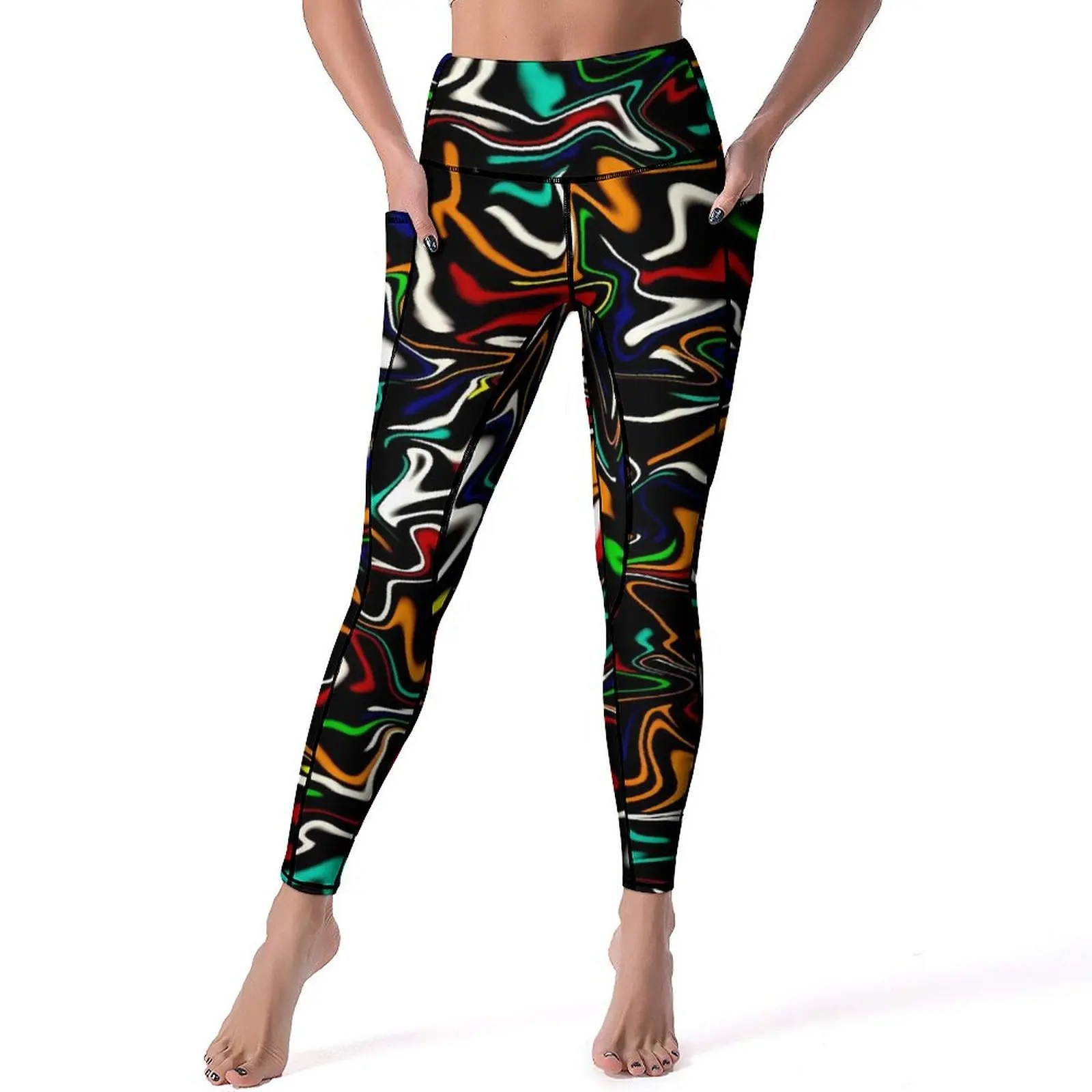 

Neon Paint Leggings Sexy Liquid Print Gym Yoga Pants High Waist Quick-Dry Sports Tights Pockets Casual Pattern Leggins