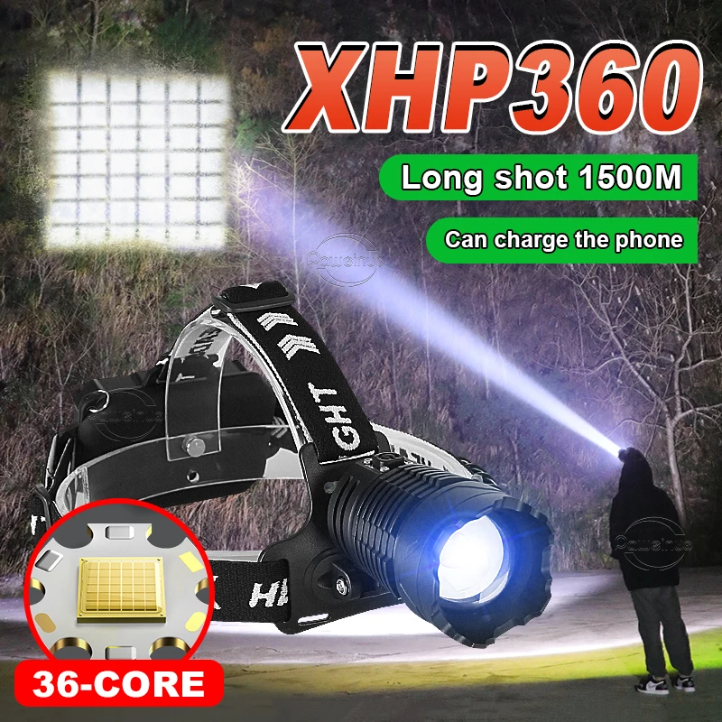 

NEW XHP360 Super High Power Headlamp LED USB Rechargeable Waterproof Headlight Hunting Camping 9000 Lumens Fishing Head Lantern