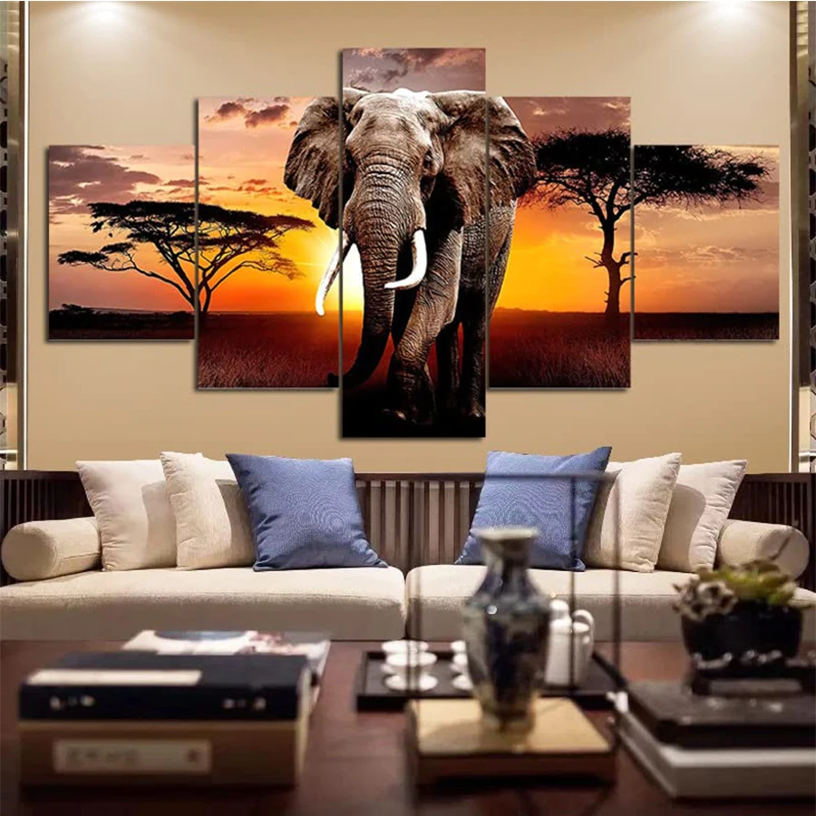 

Diamond Painting Sunset African Grassland Animal Elephant Full Drill DIY Diamond Embroidery Cross Stitch Mosaic Home Decor X5pcs