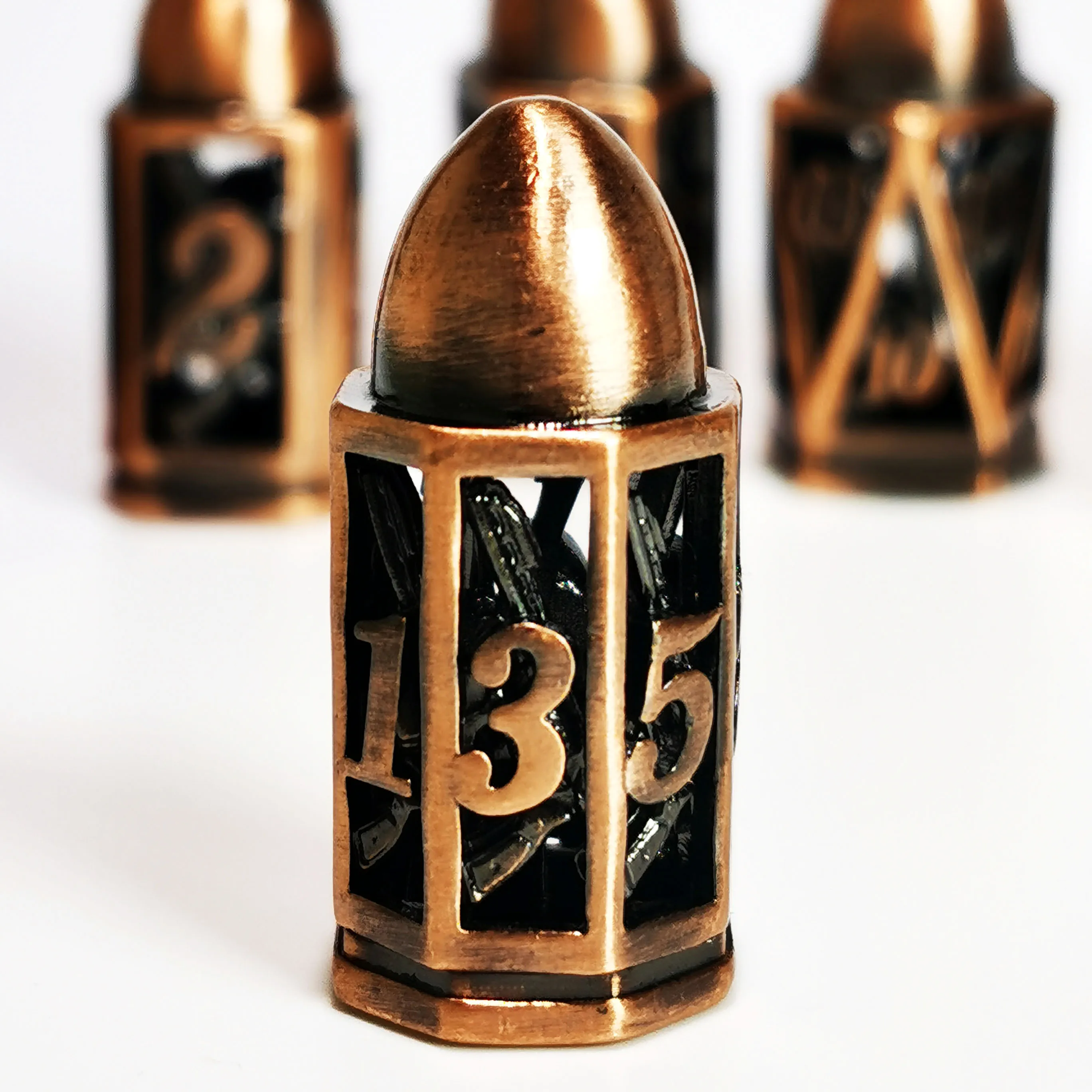DnD Metal Dice Set - Hollow Bullet Design Zinc Alloy 7pc Dice, Antique Copper RPG Dice Set for Dungeons and Dragons 3