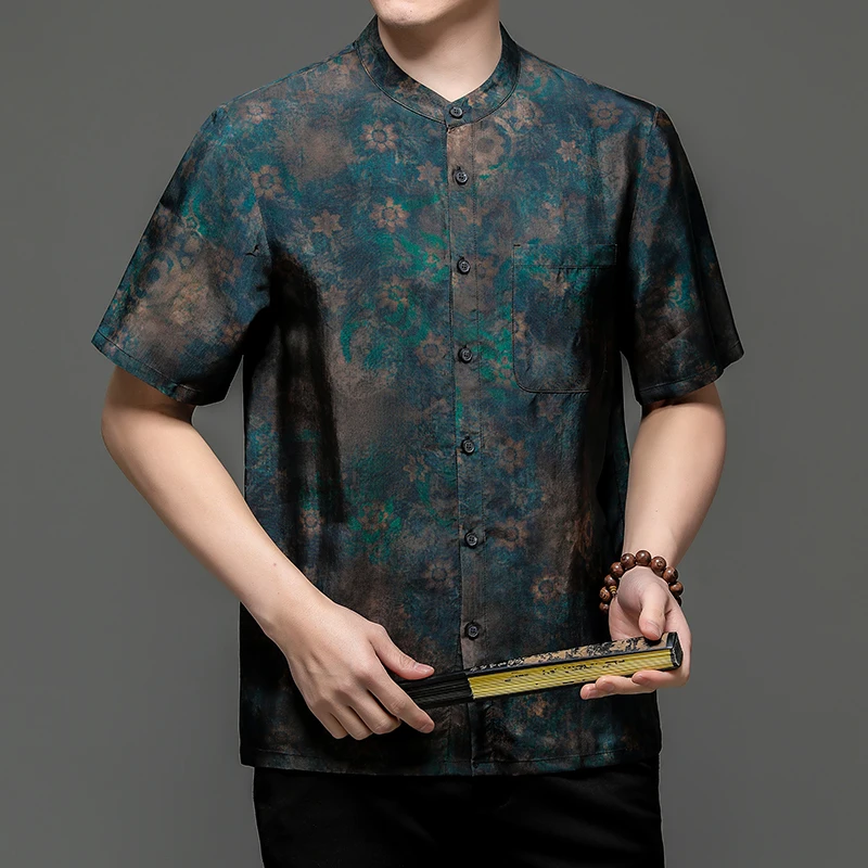 Tang Costume Shirts For Men Stand Collar Short Sleeved Print Loose Summer Satin Quality Smooth Comfortable Vintage Chemise Homme 2