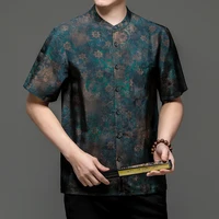 Tang Costume Shirts For Men Stand Collar Short Sleeved Print Loose Summer Satin Quality Smooth Comfortable Vintage Chemise Homme 2