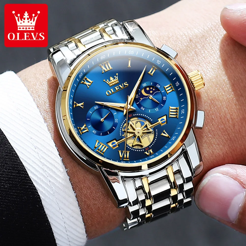 OLEVS 2859 Roman Scale Quartz Watch For Men Moon Phase Luxury Man Wristwatch Original Waterproof Stainless Steel Business Watch