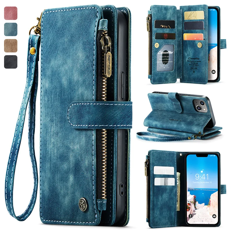 

CaseMe Phone 13 Case For iPhone 12 Min Xs Xr Xs Max 7 8 6S Plus Zipper 10 Card Slot Retro Leather Wallet For iPhone 13 Pro Case