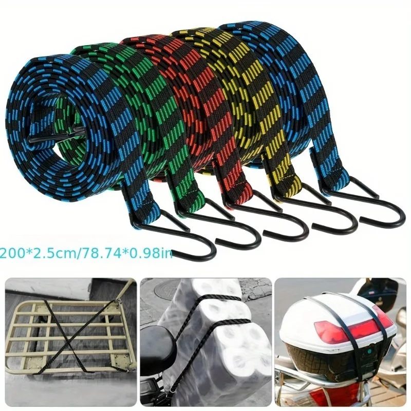 1pc 2M Bungee Cords Elastic Bungees Cords with Hooks Anti-slip Flat Elasticity Rope for Motorcycle Bicycles