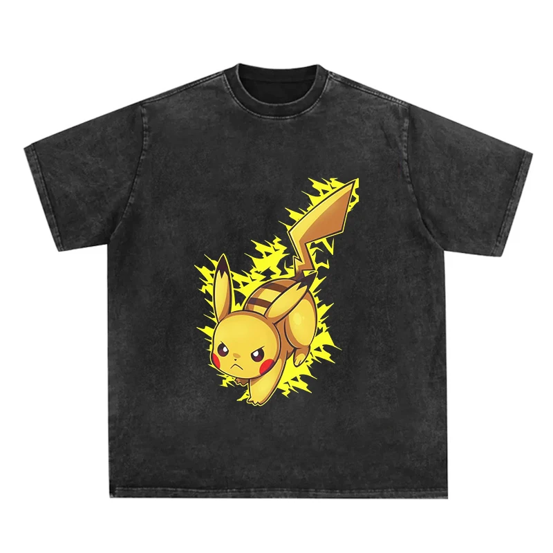 

Men Vintage Tshirt Streetwear Japanese Anime Pokemon Graphic T-Shirt Harajuku Summer Washed T Shirt Hip Hop Tops Tees