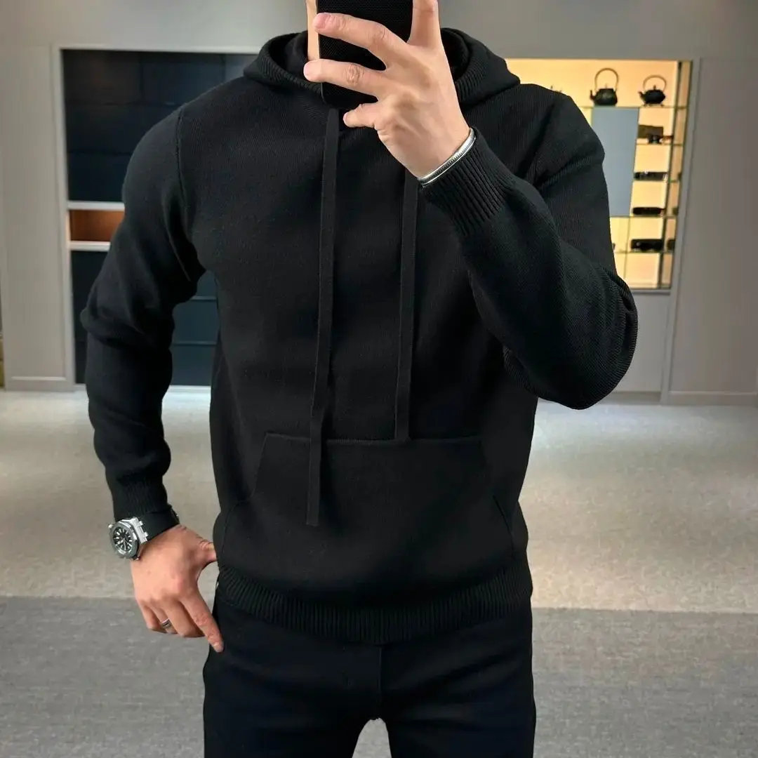 Hooded Pullover Sweater For Men Casual Daily Wear Solid Color With Front Pocket Computer Knitted Design