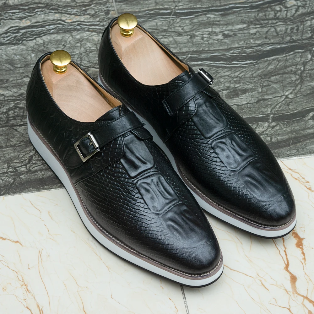 Mens Casual Shoes Genuine Leather Crocodile Pattern Classic Shoe for Men Leather Original Fashion Buckle Monk Strap Sneakers