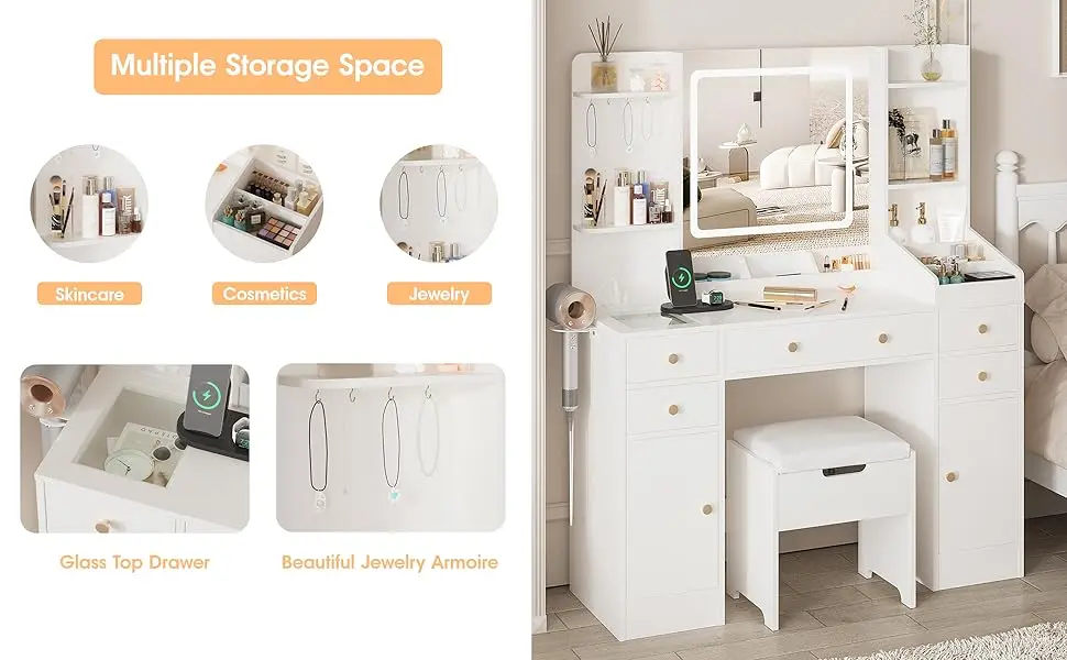light up mirror vanity with charging station