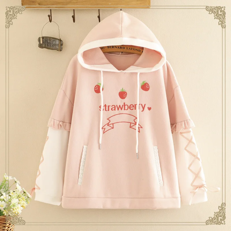 Pink Strawberry Hooded Sweatshirts Sweet Girls Lace Up Loose Casual Plush Warm Pullovers Japan Style Kawaii Big Pocket Jumpers