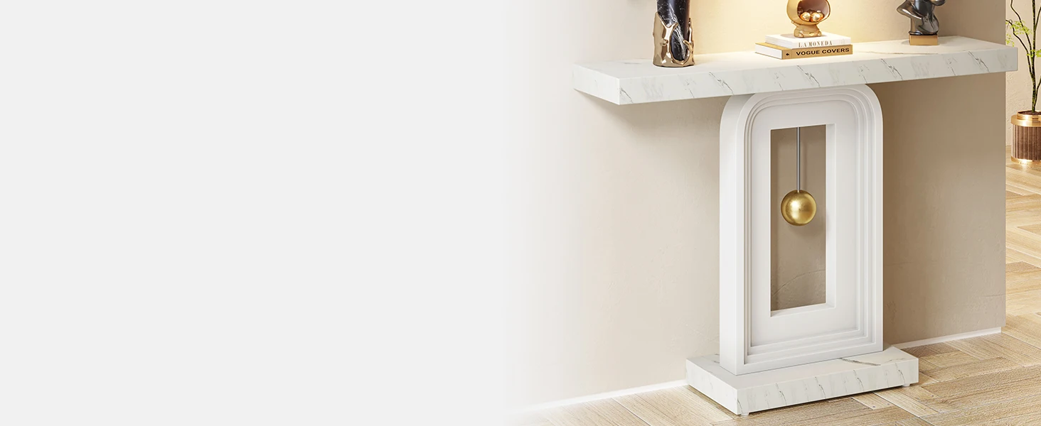 39.4-Inch White Console Table with Geometric Base, Narrow Sofa Entryway Table with Gold Decor