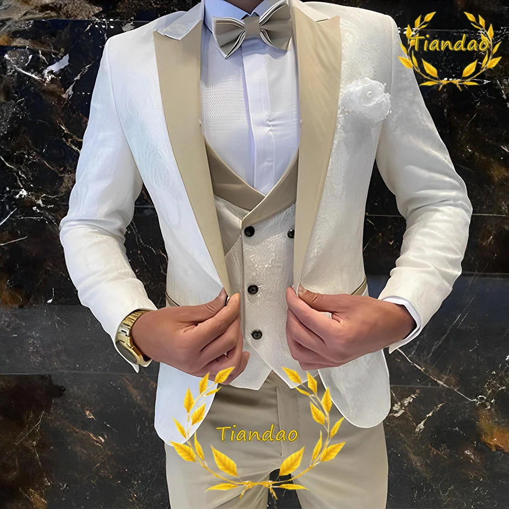 Men's Suit Three Piece Floral Jacket Pants Vest Ivory Formal Wedding Groom Tuxedo Clothes Slim Fit Blazer Set