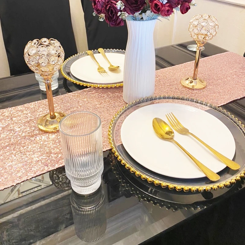 1Piece Clear Charger Plate with Gold Beads Rim Acrylic Plastic Decorative Service Plates Dinner Serving Wedding Xmas Party Decor