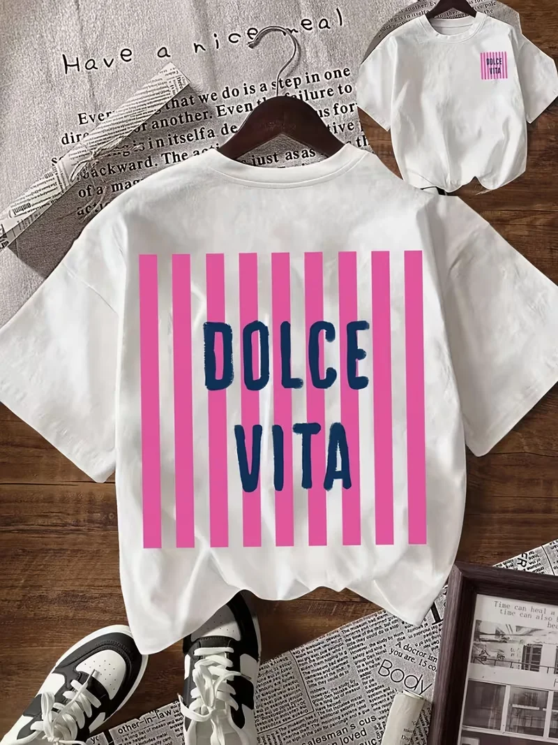 Dolce Vita Gestreiftes Grafik-Print Damen-T-Shirt, Lässiges Kurzarm-Rundhals-Oberteil, Trendiges Italienisches Slogan-Sommer-Streetwear-Shirt