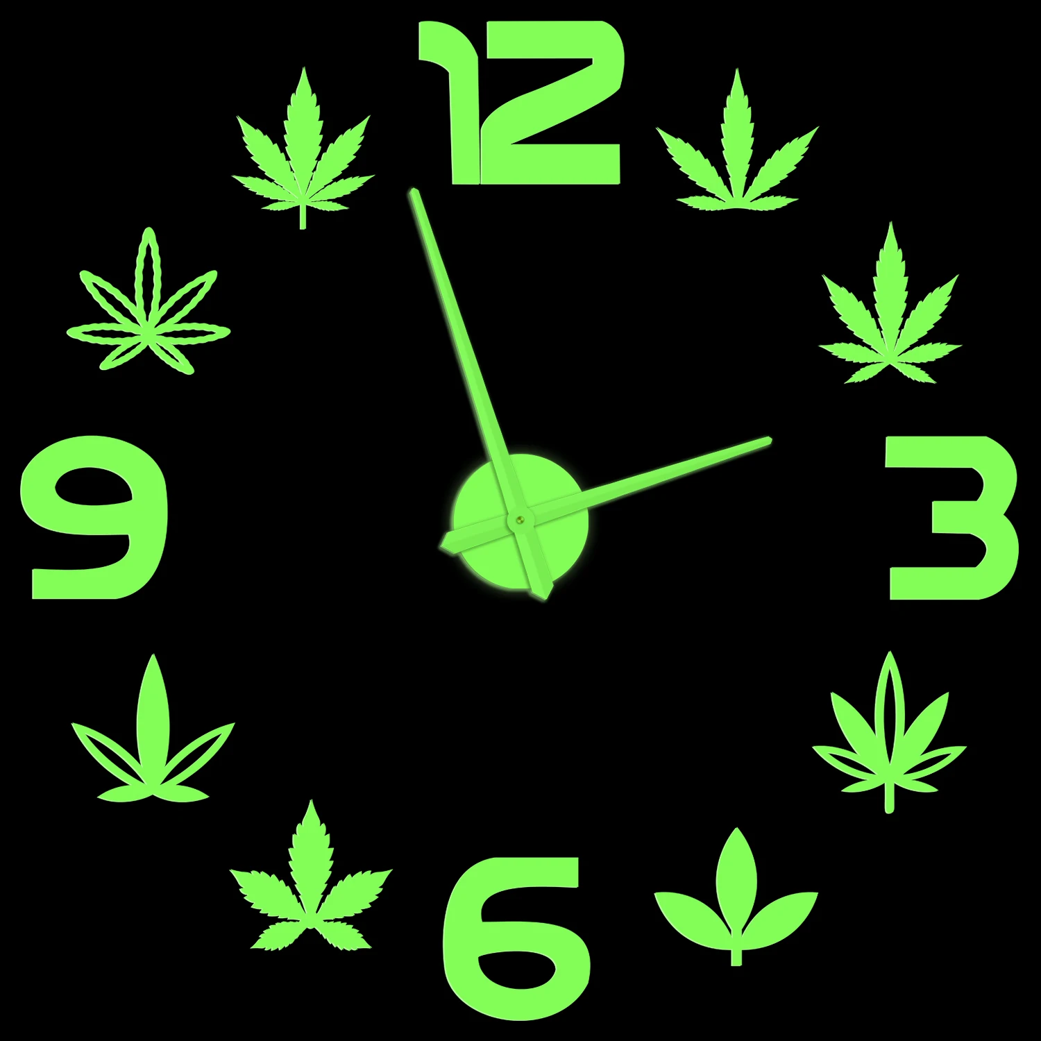 

Weed Leaf Glowing Wall Clock Herbal Medicine Marijuana Leaf Green Large Frameless DIY Stickers Modern Design Luminous Wall Watch