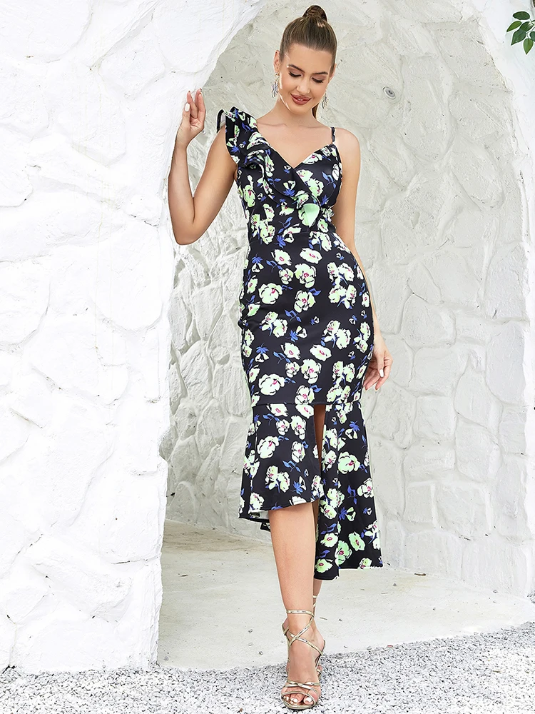 

Elegant Sleeveless Floral Printed Asymmetrical Maxi Dresses Summer Sexy V Neck Ruffles Holidays Celebrity Evening Party Dress