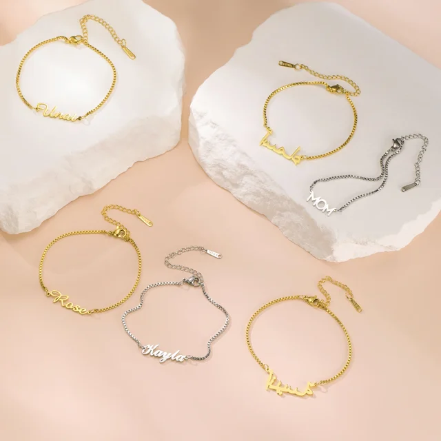Bracelet avec nom personnalisé pour femmes et filles, boîte en acier inoxydable, chaîne avec lettres, Bracelets porte-bonheur personnalisés, Unique, cadeau de bijoux personnalisé