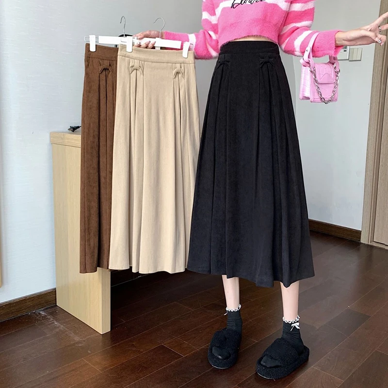 

Skirt Long Black And White Autumn Winter Women Corduroy Pleated Korean Fashion High Waisted Long Woman All Match Solid A Line Sk