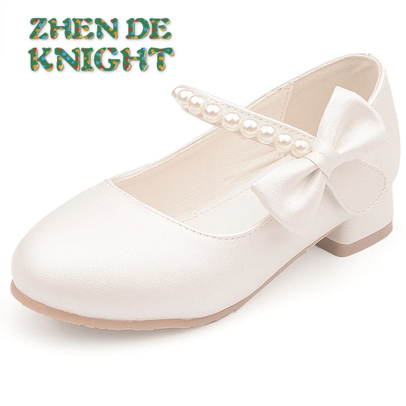Zapatos de cuero con tacón alto para niñas, calzado de princesa, sencillo, pasarela, talla 26 lazo blanco| - AliExpress