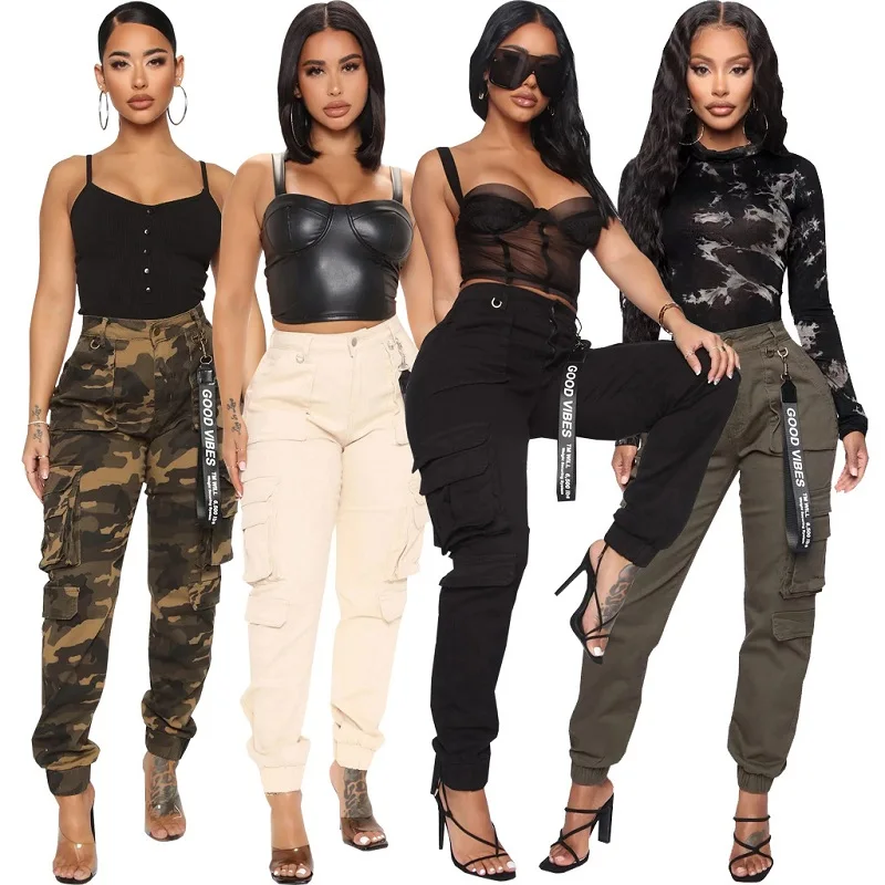 

Fashion Cargo Pants Women High Waist Side Pocket Streetwear Casual Baggy Jogger Pants Female Slim Fit Hip Hop Long Trousers