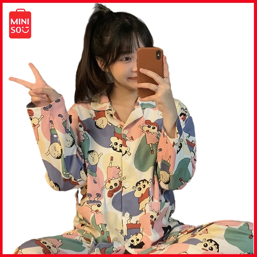 

2023 Miniso Crayon Shin Chan Cartoon Anime Korean Edition Women's Y2K Fashion Versatile Pajama Set Autumn Home Furnishing Gift