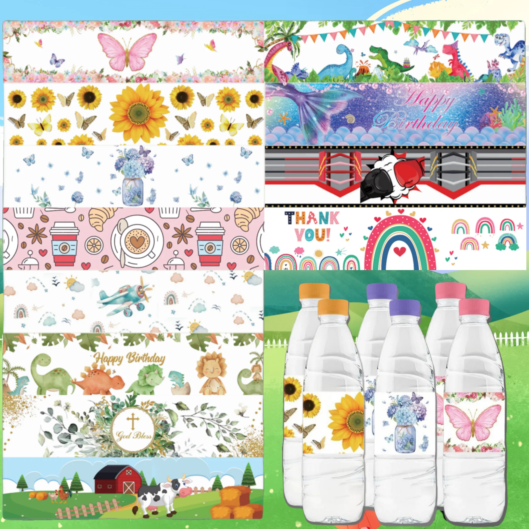 Mineral Water Bottle Sticker Sticker Label Mermaid Dinosaur Love Cross Cow Boxer Airplane Water Bottle Body 10pcs/Pack