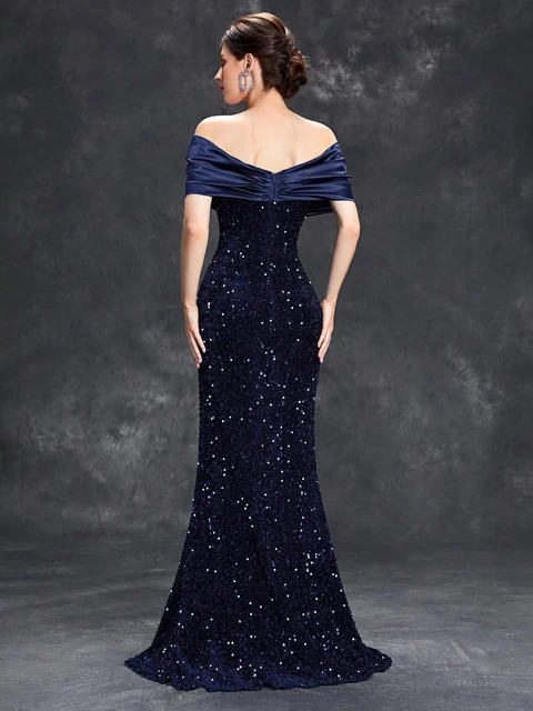 Line Neck Pleated Tint Sequin Velvet Fishtail Dress 2