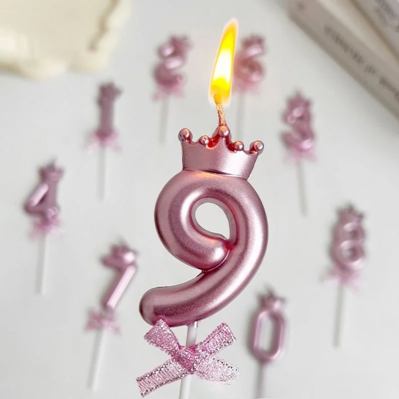 Pink Digital Candle with Crown Bowknot 0-9 Number Birthday Candles Dessert Party Anniversary Cake Decoration for Women and Girls