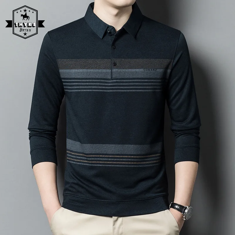 

Men's Stripes Long Sleeved Lapel Polo Business Loose Casual Breathable Pullover Male Fashion Classics Retro Bottomed Tops Autumn