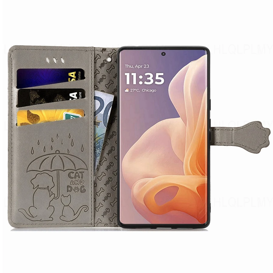 Leather Wallet Flip Case with Cat and Dog Design